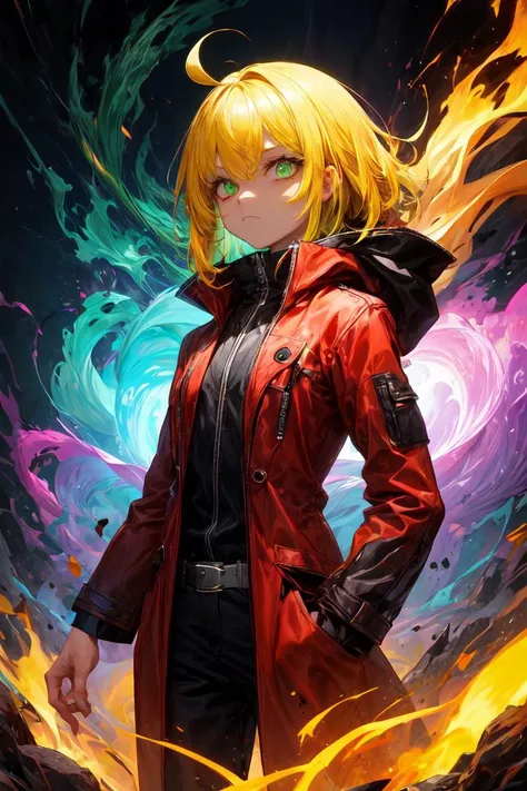1girl, (solo), masterpiece, best quality, clothes high contrast, psychedelic, lsd, particles, bloom, neon lighting, (glow), flat color, splashes of color, colors mashing, green eyes, yellow hair, medium hair, medium breasts, ahoge, emotionless face, red coat, <lora:r1ge - AnimeRage:0.3>, flames, futuristic, <lora:add_detail:1>, <lora:Gloomifier_TheDread_V1_LECO:1>, otherworldy, space, water, (long hair:0.9), holding fireball