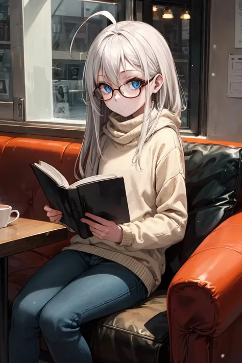 masterpiece, best quality, very detailed background, 1girl, pov, casual outfit, sweater, scarf, jeans, very long hair, white hair, ahoge, blue eyes, reading glasses, flat chest, minor, loli, pale skin, reading a book, sitting, looking at viewer, sitting beside, cozy afternoon, coffee shop, comfortable chairs, mellow lighting, snowing outside the window