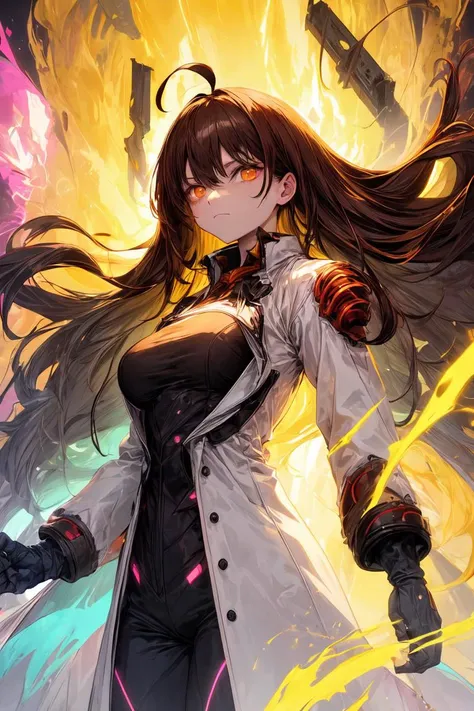 1girl, (solo), masterpiece, best quality, clothes high contrast, psychedelic, lsd, particles, bloom, neon lighting, (glow), flat color, splashes of color, colors mashing, brown eyes, brown hair, very long hair, big breasts, ahoge, expressionless face, white coat, <lora:r1ge - AnimeRage:0.3>, yellow lightning, futuristic, armored, <lora:add_detail:1>, <lora:Gloomifier_TheDread_V1_LECO:1>, black clothes, space, otherwordly, gloves