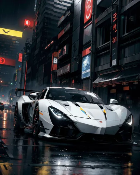 photorealistic, best quality, masterpiece, highly detailed, ultra-detailed, a futuristic sports car in a cyberpunk city at night with neon lights and rain. by josan gonzalez splash art graphic design color scheme minimalism ultra realistic unreal engine 5 hd 8k resolution trending on deviantart pinterest dslr highly rendered 4K imax hyperrealistic full colour cinematic, metal, top tier, extravagant, 8k, unity wallpaper, unreal engine 5, ray tracing, 8k, depth of field, octane render, intricate details, elegant, tone mapping, hyper focus, sheen