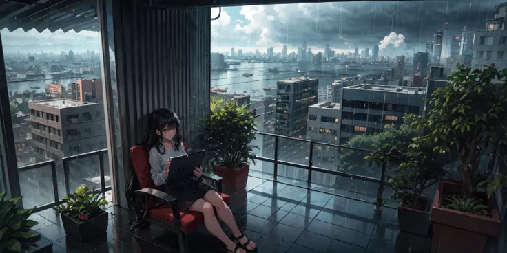 (1girl, solo, black_hair), building, city, cityscape, cloud, cloudy_sky, grey_sky, holding, house, outdoors, overcast, plant, potted_plant, rain, rooftop, sandals, scenery, sitting, sky, skyscraper, solo, tree, dim, (night), <lora:epiNoiseoffset_v2:1>