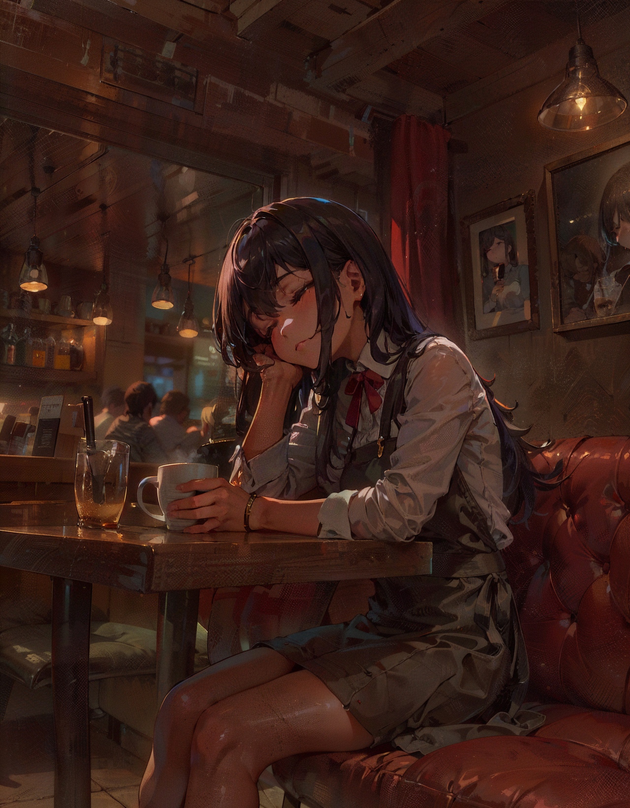 Anime girl sitting at a table with a glass of beer - SeaArt AI
