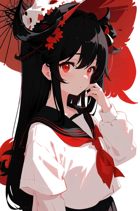 masterpiece, best quality, flat color, limited palette, low contrast,
1girl, serafuku, long straight black hair,
lycoris flower, goat skull,
(red, black)