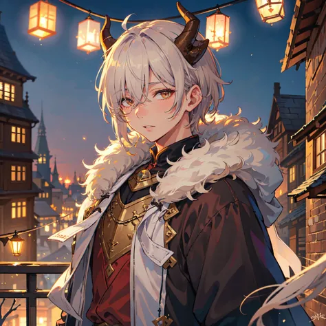 masterpiece, best quality, (1boy), (bishonen:1.2), handsome, older, (male focus:1.3), solo, white hair, messy hair, horns, looking at viewer, brown eyes, hair over one eye, fur coat, coat, fur trim, goat horns, medieval cityscape, lanterns, oil lanterns, medieval houses, fantasy, short hair