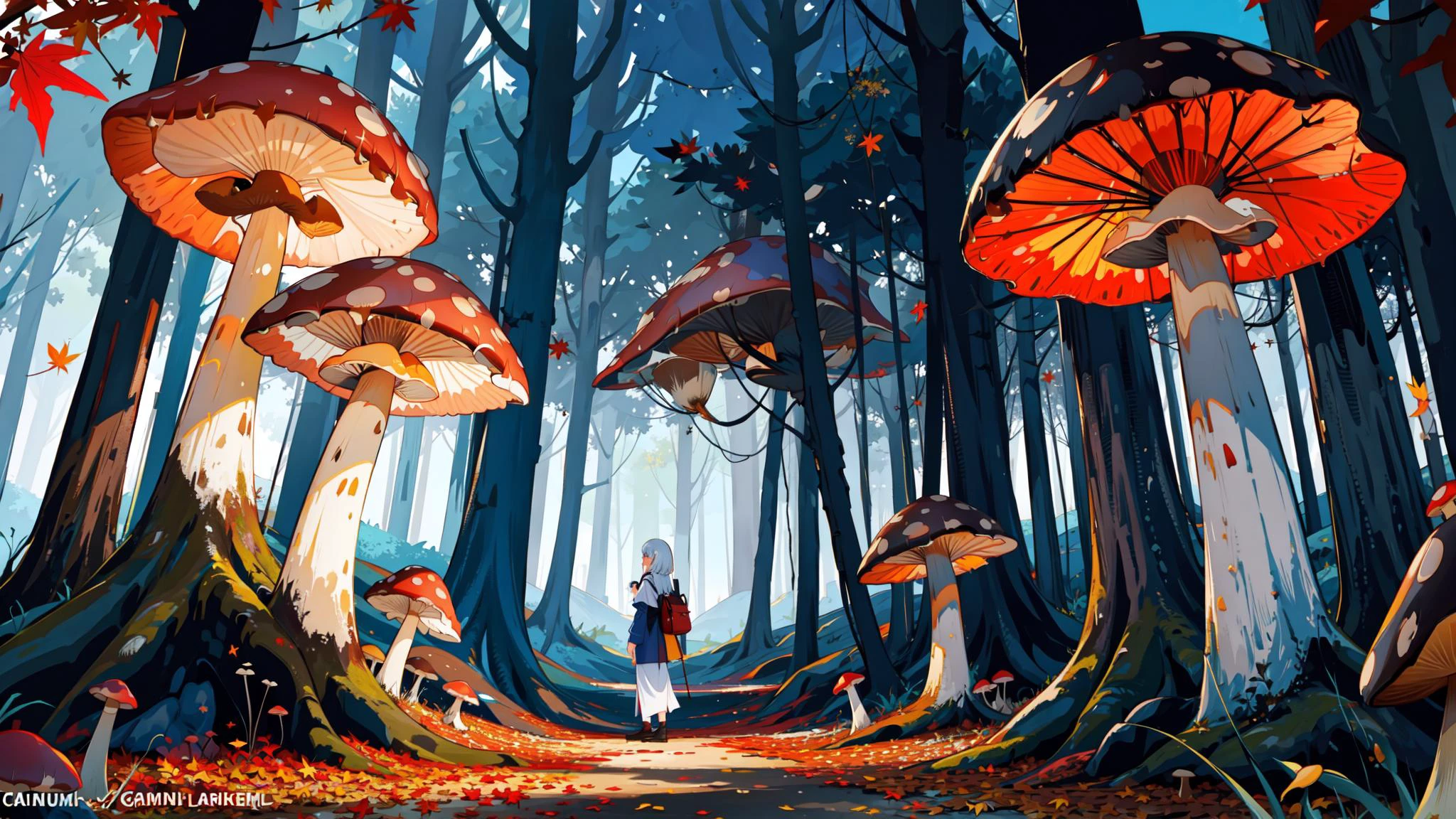 "the final Sky, Glistening", scenery, diverse location design, a crowded, moist Gambian mushroom forest, autumn color palette <lora:greatm8_768_e8:0.1> <lora:nenenejiStyleThick_nenenejiV1:0.2> <lora:suizilla_e8:0.2>
