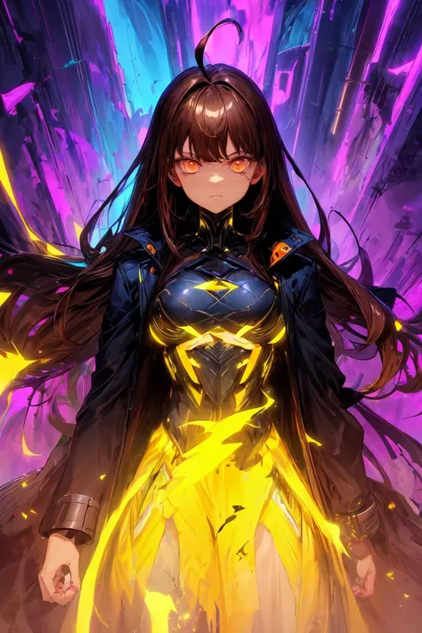 1girl, (solo), masterpiece, best quality, clothes high contrast, psychedelic, lsd, particles, bloom, neon lighting, (glow), flat color, splashes of color, colors mashing, brown eyes, brown hair, very long hair, big breasts, ahoge, expressionless face, purple coat, <lora:r1ge - AnimeRage:0.3>, yellow lightning, futuristic, armored, <lora:add_detail:1>, <lora:Gloomifier_TheDread_V1_LECO:1>, white dress