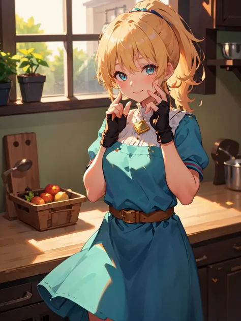 (masterpiece, best quality:1.2), cowboy shot, solo, 1girl, piper, smile, looking at viewer, (hand on own cheek:1.2), blonde hair, ponytail, blue dress, puffy short sleeves, fingerless gloves, kitchen