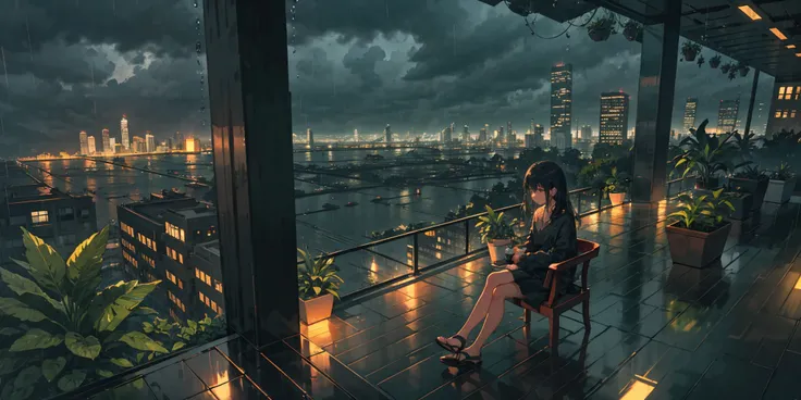 1girl, solo, black_hair, building, city, cityscape, cloud, cloudy_sky, grey_sky, holding, house, outdoors, overcast, plant, potted_plant, rain, rooftop, sandals, scenery, sitting, sky, skyscraper, solo, tree, dim, (night),