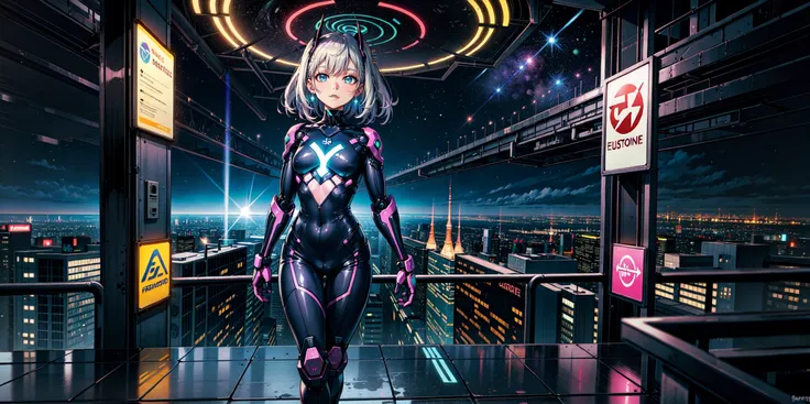 masterpiece, best quality, highly detailed background,
BREAK 1girl, (smile:0.6), looking at viewer, futuristic fashion, holographic visor, neon accents, circuit pattern tattoo, metallic silver hair, electric blue eyes, flat chest, robotic arm, LED earrings, glowing choker, skin-tight bodysuit, armored boots,
BREAK cityscape, hovering cars, skyscrapers, colossal holographic billboards, bustling crowd, various alien species, vibrant neon lights, glass walkways, spaceport in the distance, starry night sky, Earth's horizon