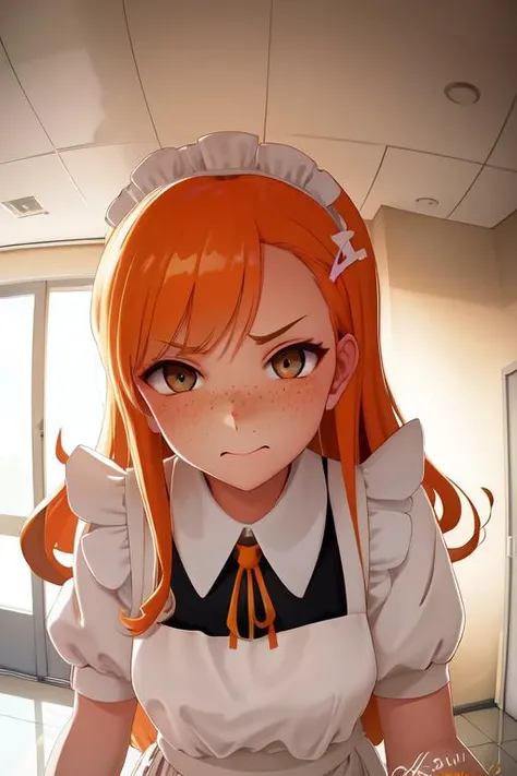 absurdly long (curly:1.0) orange hair, freckles(0.5), maid, pov, looking at viewer, close-up, hallway,  <lora:kabedonReceiversPOV_1girlSoloKabedonPov:0.8> <lora:iyanakao_v01:0.8>,