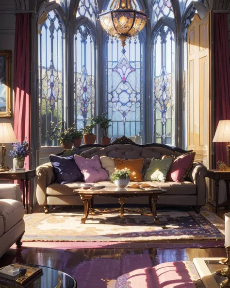 (masterpiece:1.1), (highest quality:1.1), (real focus:1.2), (colorful), mediterranean style living room, modern interior design, casual luxury, soft, inviting, warm, airy, spacious, sofa, pillow, lamp, end table, rug, window, spatial lighting, natural light, open floor plan, modern minimalistic furniture, notorious, (violet:1.2)