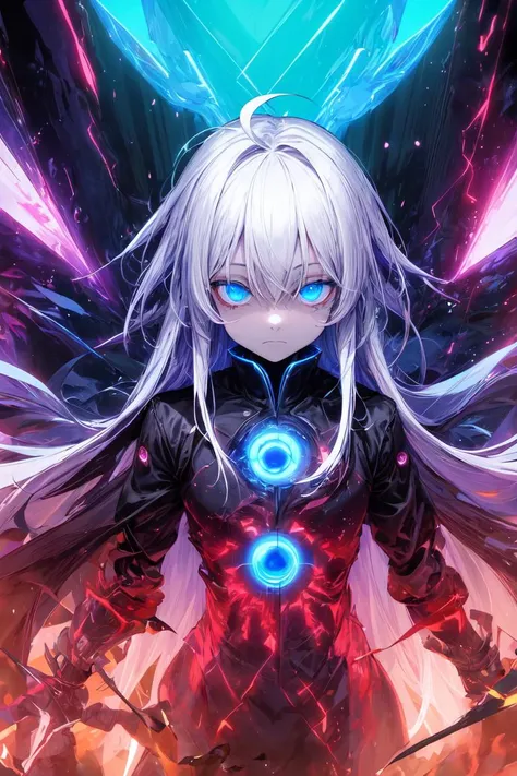1girl, (solo), masterpiece, best quality, clothes high contrast, psychedelic, lsd, particles, bloom, neon lighting, (glow), flat color, splashes of color, colors mashing, blue eyes, white hair, very long hair, ahoge, expressionless face, black coat,  <lora:r1ge - AnimeRage:0.3>, futuristic, armored,  <lora:add_detail:1>, <lora:Gloomifier_TheDread_V1_LECO:1>, quantum energy, blue portal, blue energy, powerful, horror, otherwordly