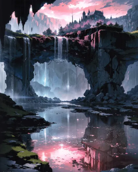 (masterpiece:0.8), (best-quality:0.8), perfect anime illustration of a landscape of a Unusual Inspired [Stadium|Stone caverns] and Contemplative German Abyss, Raining, Ultrarealistic, Guilty, dmt, Gel lighting, macro lens, Single Color, key visual, electric pink details, dslr, hyperdetailed