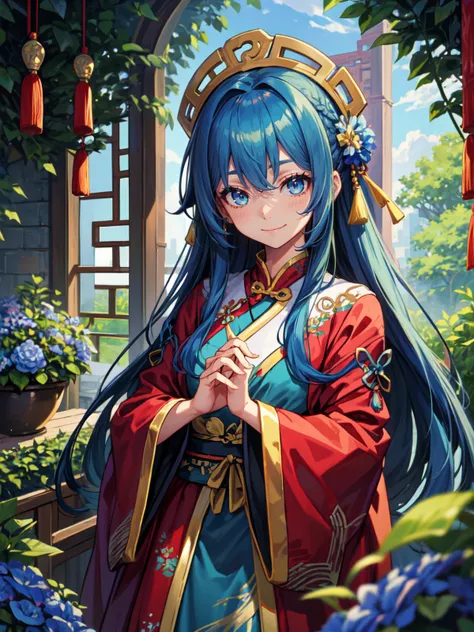 ru_qun, hanfu, best quality, masterpiece, extremely detailed, anime, 1girl, short girl, (blue hair, blue eyes:1.4), long hair, smile, tulle clothes, silk clothes, embroidery accessory, chinese knots, happy, smile, closed mouth, blue flower vines, gems, gold accessory,