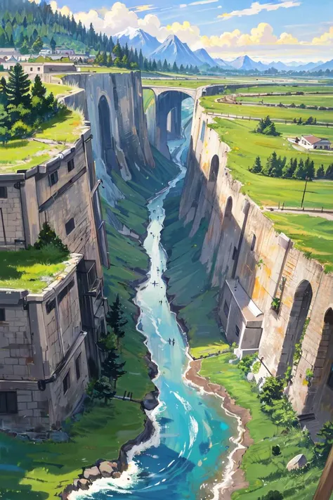 ((masterpiece, best quality)),landscape stretching,river,mountain,