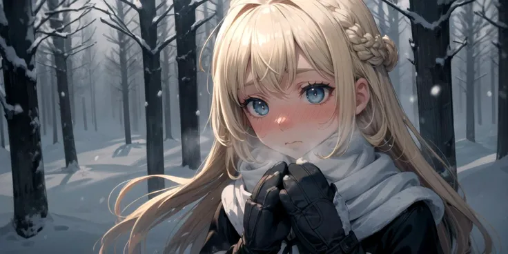 solo, snow, snowing, blonde hair, long hair, french braid, sidelocks, parted bangs, blue eyes, detailed face, winter clothes, mittens, white scarf, full body, snow covered forest, enchanting realm, (nose blush, heavy breathing:1.1), (gloomy:1.4)