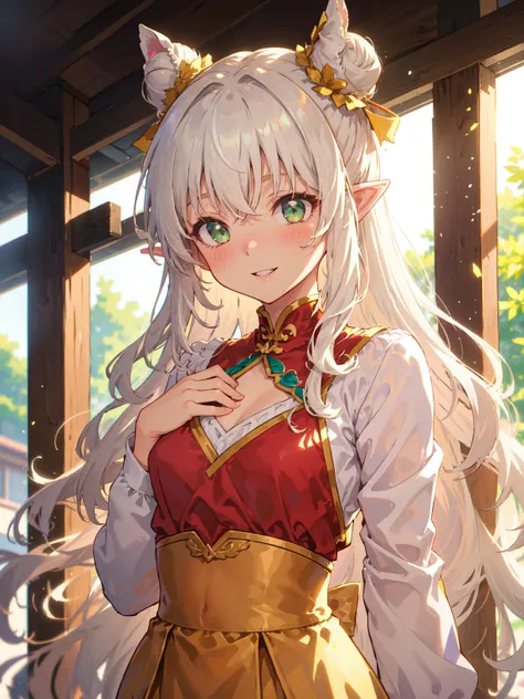masterpiece, best quality, extremely detailed, detailed background, detailed face, anime, illustration, 1girl, (white hair, hair buns, very long hair, wavy hair, messy hair:1.3), green eyes, pointy ears, parted lips, smile, blush, light rays, sunlight, glow, shiny, long upper shan, waistband, pibo, chest po skirt, upper body, tang style outfits, jumping