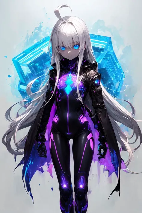 1girl, (solo), masterpiece, best quality, clothes high contrast, psychedelic, lsd, particles, bloom, neon lighting, (glow), flat color, splashes of color, colors mashing, blue eyes, white hair, very long hair, ahoge, expressionless face, black coat, <lora:r1ge - AnimeRage:0.3>, futuristic, armored, <lora:add_detail:1>, <lora:Gloomifier_TheDread_V1_LECO:1>, quantum energy, blue portal, blue energy, powerful, horror, otherwordly