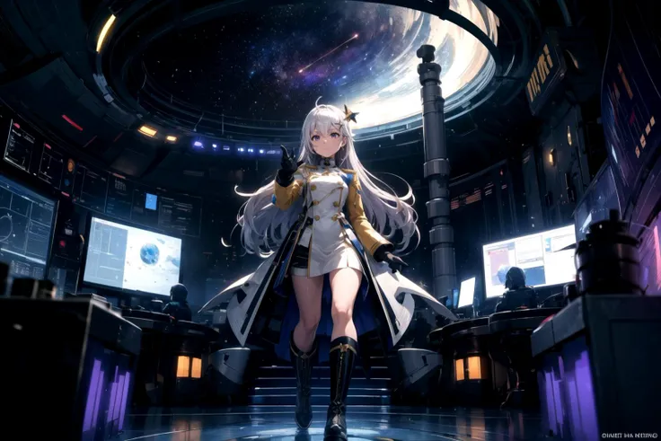 (best quality, high quality:1.4) 1girl, space officer uniform, insignia, epaulets, white gloves, gold trim, tall boots, red sash, communication earpiece, determined expression, silver hair, star-shaped hairclip, violet eyes, badge of honor, BREAK futuristic space station, large observation window, starry backdrop, distant planets, high-tech control panels, crew members working, soft ambient lighting, galaxy