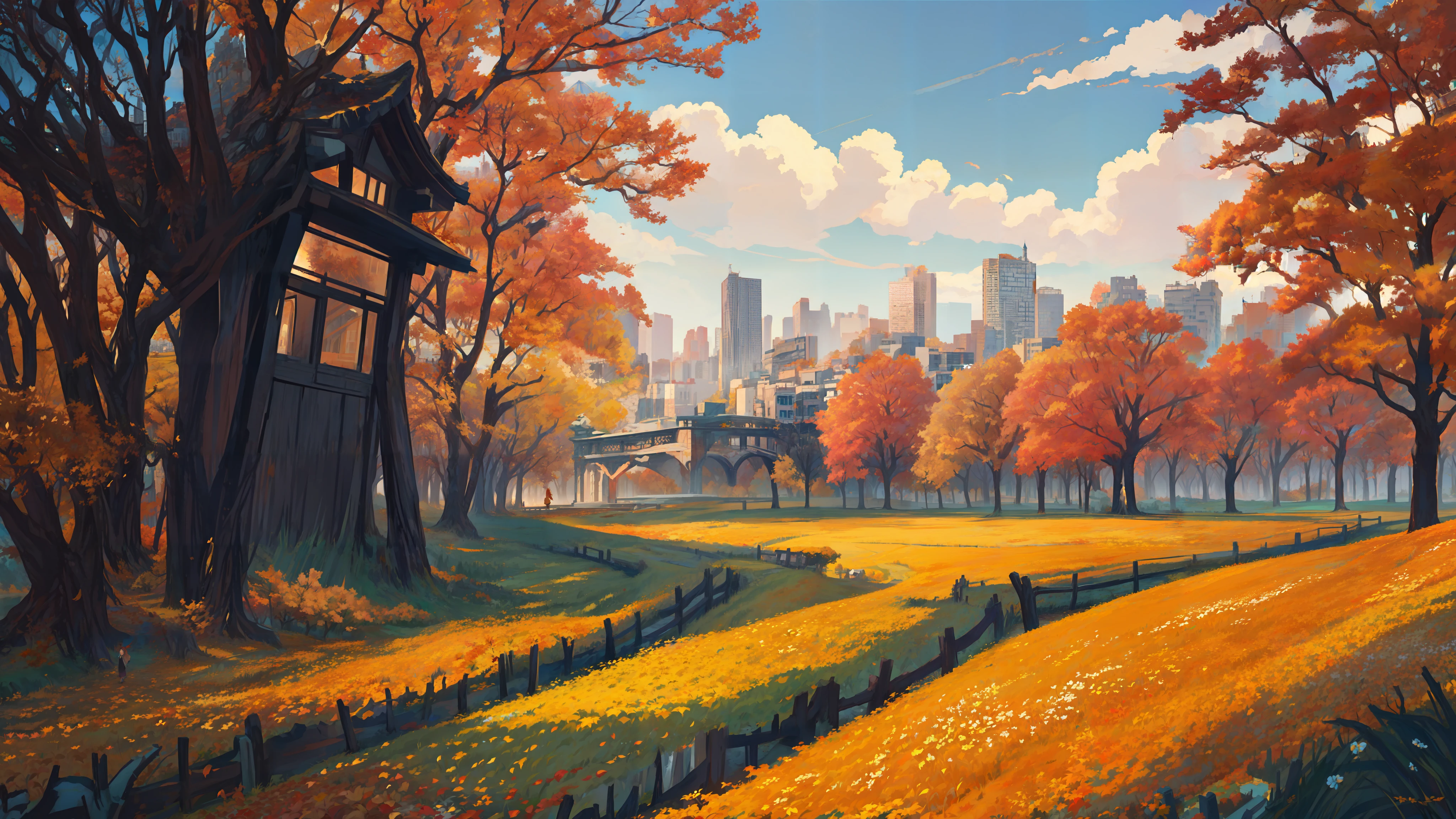 "the ultimate City, Dreamlike", scenery, gorgeous location design, a fresh Shanzhai autumn meadow, autumn color palette