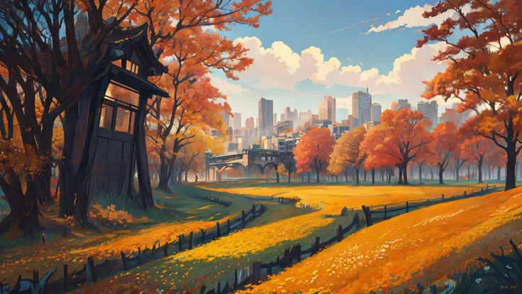 "the ultimate City, Dreamlike", scenery, gorgeous location design, a fresh Shanzhai autumn meadow, autumn color palette