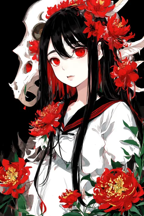 masterpiece, best quality, flat color, limited palette, low contrast,
1girl, serafuku, long straight black hair,
lycoris flower, goat skull,
(red, black)