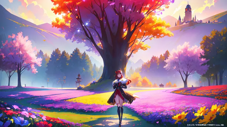 (masterpiece), (best_quality), (ultra-detailed), (illustration), ("the Spectacular Menagerie, Blazing":1.2), (masterpiece), (best_quality), (illustration), anime movie background, official art, (interesting location design:1.49), a (cheerful, rural:1.3) Arbuan (wildflower field:1.3)[, trending on artstation::0.4], absurdres olve, sublime-comforting