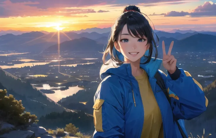 1girl, mid shot, upper body, a photograph of a japanese girl wearing mountain jacket looking at cities landscape from mountain trails, smiling with peace sign while looking at viewer, outdoor, crowds, visible horizon
(masterpiece:1.4),(best quality:1.4),(realistic),(shiny skin), (photorealistic:1.4), hyper detailed, highres, good anatomy, best quality, an extremely delicate and beautiful, an extremely detailed and delicate, 8k cg wallpaper, illustration, hyperrealism, high detailed skin, highly detailed background, 8k uhd, dslr, soft lighting, high quality, Fujifilm XT3, HD, Sharp, beautiful studio soft light, rim light, vibrant details, ray tracing, (chromatic abberation:0.8), (depth of field:1.2),