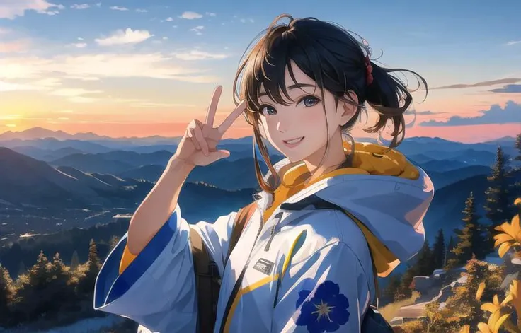 1girl, mid shot, upper body, a photograph of a japanese girl wearing mountain jacket looking at cities landscape from mountain trails, smiling with peace sign while looking at viewer, outdoor, crowds, visible horizon
(masterpiece:1.4),(best quality:1.4),(realistic),(shiny skin), (photorealistic:1.4), hyper detailed, highres, good anatomy, best quality, an extremely delicate and beautiful, an extremely detailed and delicate, 8k cg wallpaper, illustration, hyperrealism, high detailed skin, highly detailed background, 8k uhd, dslr, soft lighting, high quality, Fujifilm XT3, HD, Sharp, beautiful studio soft light, rim light, vibrant details, ray tracing, (chromatic abberation:0.8), (depth of field:1.2),