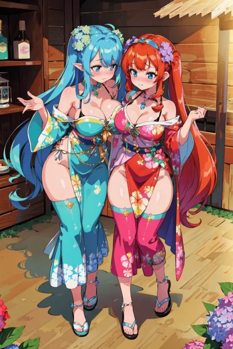 (masterpiece), (best_quality), (ultra-detailed), (illustration), (welcoming), bokeh,2girls, (hydrangea sorcerer:1.3), (in a Hawaiian cabin:1.3), full body, neon auburn hair, hair bobbles, (blush:1.3), , pastel slate blue eyes, pose, [:sexy, colorful costume design:0.2], dancing, , official art, vivid color, finely detailed, hyper detailed, 8k, high resolution illustration, absurdres, (intricate detail:1.25) <lora:cutemix5:1>