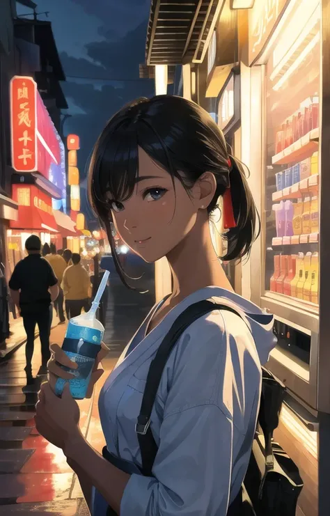1girl, mid shot, upper body, a photograph of a japanese girl buying drink at vending machine in the night,  outdoor, crowds, visible horizon
(masterpiece:1.4),(best quality:1.4),(realistic),(shiny skin),  (photorealistic:1.4), hyper detailed, highres, good anatomy, best quality, an extremely delicate and beautiful, an extremely detailed and delicate, 8k cg wallpaper, illustration, hyperrealism, high detailed skin, highly detailed background, 8k uhd, dslr, soft lighting, high quality, Fujifilm XT3, HD, Sharp, beautiful studio soft light, rim light, vibrant details, ray tracing, (chromatic abberation:0.8), (depth of field:1.2),
