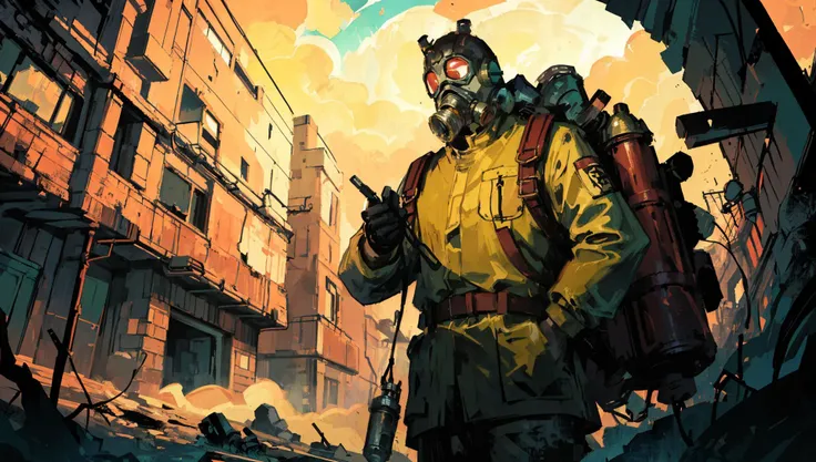 extreme wide shot, environment concept art, masterpiece, best quality, digital painting, (((bulky man, broad shoulders, hazmat suit, gas mask, accessories, survey team, exploring, following the road to the west to Point Linden, a small town on the edge of the Pacific Ocean, polluted, abandoned, neglected, dawn))), ((((giant glowing fungal growth, roots, infestation, xen, spores, polluted air)))), bleak, post-apocalypse, cinematic, dramatic, highly detailed, stylized wallpaper, heavy brush strokes <lora:DiscoElysiumStyle_v1:0.7> <lora:howlsMovingCastleInterior_v3:0.3>