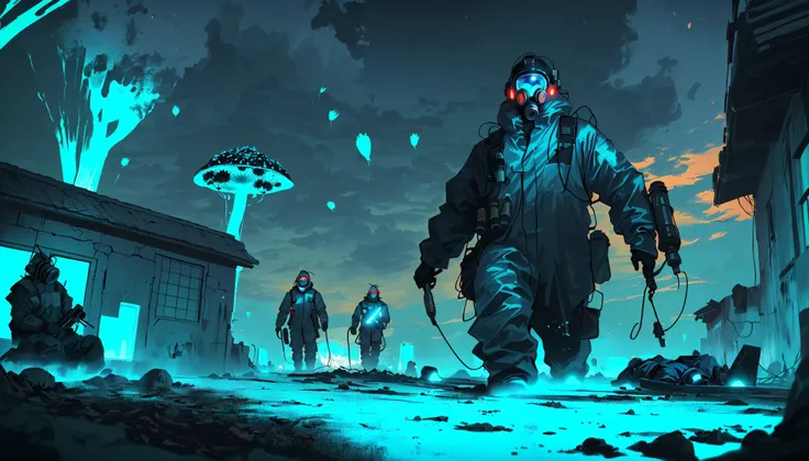 extreme wide shot, environment concept art, dawn, masterpiece, best quality, digital painting, (((menacing figure, badass, man, hazmat suit, gas mask, accessories, exploring, scavenging, a small coastal town, abandoned, neglected))), ((((glowing fungus, bioluminescence, gross, disgusting, organic growth, veins, sprawling infestation, scourge, xen, spores, hazy, floating particles in the air)))), bleak, post-apocalypse, cinematic, dramatic, highly detailed, stylized wallpaper, heavy brush strokes <lora:DiscoElysiumStyle_v1:0.2> <lora:howlsMovingCastleInterior_v3:0.2> <lora:samdoesartsSamYang_offsetRightFilesize:0.2> <lora:1600sLORA:0.2>