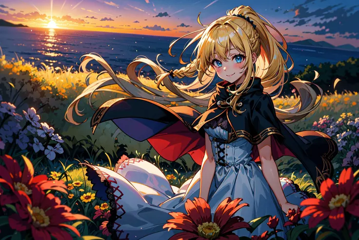best quality, masterpiece, extremely detailed, detailed background, 1girl, solo, yellow hair, blue eyes, braid, long hair, wavy hair, fluffy hair, ponytail, french braid, blush, smile, capelet, lace trim, bodice, sunset, dusk, scenery, high place, horizon, wind, wind blow, flowerbed, looking at viewer, depth of field, bokeh