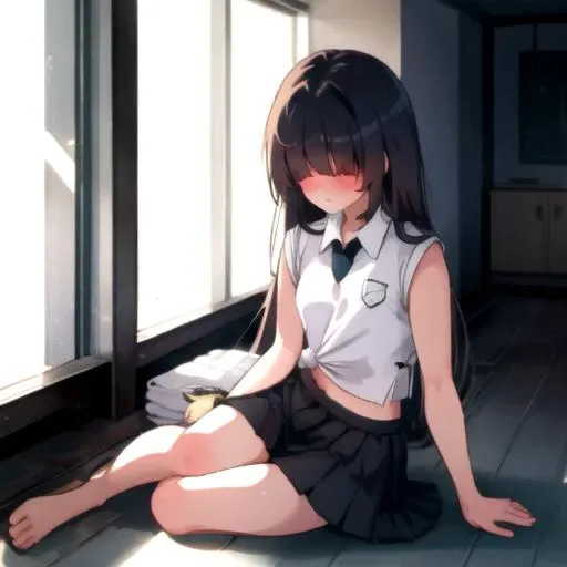 <lora:outfit - rolled sleeves:1>, sleeves_rolled_up, (sleeves_rolled_up:1.1), collared shirt, ((white shirt)), tied shirt, midriff, navel, bare arms, <lora:face - hair over eyes:2>, (hair over eyes), dark hair, (((very long hair))), shy, ((white collar)), straight hair, blushing, dark skirt, short skirt, full body, sitting, open legs, panties, side view, hair over shoulders