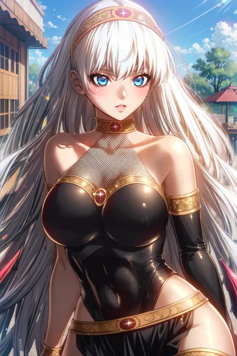 (masterpiece, best quality), intricate details,
1girl, <lora:hansarang:0.8> hansarang_demon , 1girl , solo, solo focus , long hair, white hair, hairband, thighhighs, large breast, blue eyes, very long hair, black leotard,