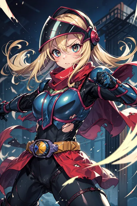 masterpiece,best quality,1girl,(dark magician girl),serious,blonde hair,kamen,tokusatsu,(belt:1.4),battlesuit,cape,torn red scarf,fighting pose,fist,wind,motion lines,motion blur,<lora:kamen:0.5>,<lora:CHAR-yugioh-dark magician girl-offset:0.8>,