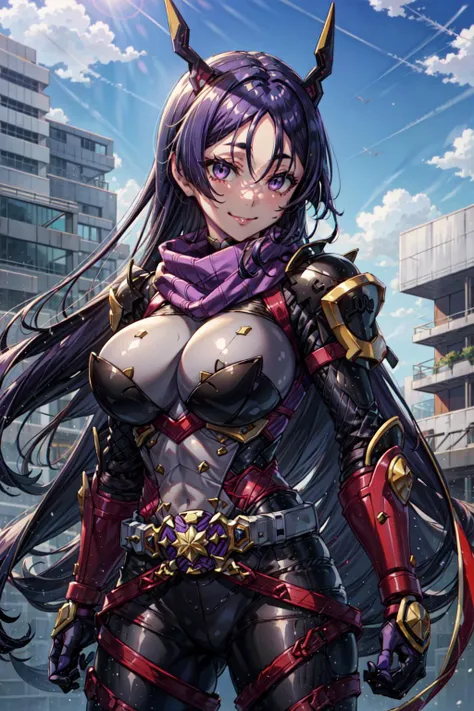 masterpiece,best quality,1girl,minamoto no raikou \(fate\),smile,huge breasts,purple hair,long hair,kamen,tokusatsu,((belt)),battlesuit,shoulder armor,headgear,cape,scarf,<lora:CHAR-FGO-Raikou_Hard:0.5>,<lora:kamen:0.6>,