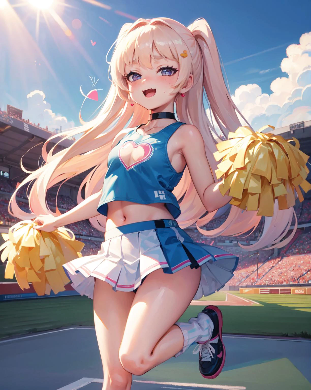 (masterpiece), best quality,masterpiece, ultra detailed, highres,(light rays),best quality, pink shirt, white skirt,baseball stadium, dynamic pose,(loose socks), sneakers,heart choker,((cleavage cutout)),((heart cutout)), big hair, small breasts, cleavage,
bache, 1girl, solo, breasts, looking at viewer, blush, smile, skirt,standing,heart, sweat, outdoors, sky, day, armpits, blue sky, symbol-shaped pupils, standing on one leg, cheerleader, pom pom (cheerleading),+ +, <lora:bache_azur_lane-09:1>