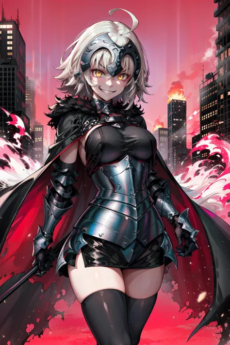 masterpiece,best quality,highres,detailed background,1girl,jeanne d'arc alter \(fate\),A1st,DefaultOutfit,cape,short hair,(((evil grin))),red sky,burning city,looking at viewer,<lora:JeanneAlterv1:0.8>,