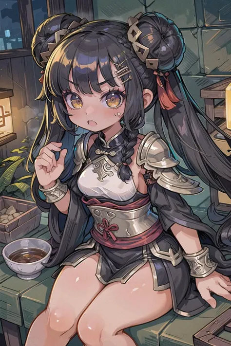 (masterpiece, best_quality, ultra-detailed, immaculate:1.3), epic, illustration, 1girl, feet out of frame, fierce post apocalyptic barbarian berserkertoned, sexy leather armor, pauldrons, , (warpaint:1), dark silver hair, Tri-Braided Bun,braidfur cloak, head rest, chinese, in the Shire, in a data center, bombshell hair, bright black hair, Bowl Cut,twintails, interlocked fingers<lora:EnvyCuteMix11:1>