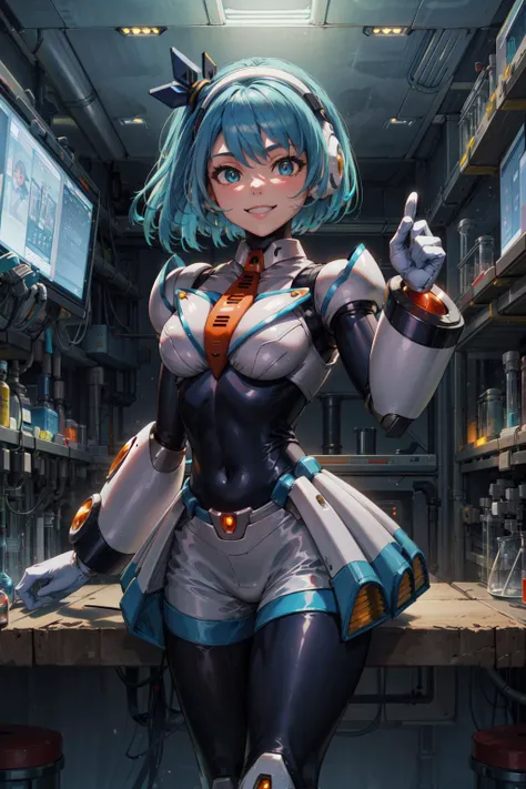 masterpiece,best quality,1girl,rico_megamanxdive,blue eyes,blue hair,bodysuit,android,short hair,smile,gloves,laboratory,science fiction,bright,<lora:RiCO_MegaMan_XDiVE_V:0.9>,