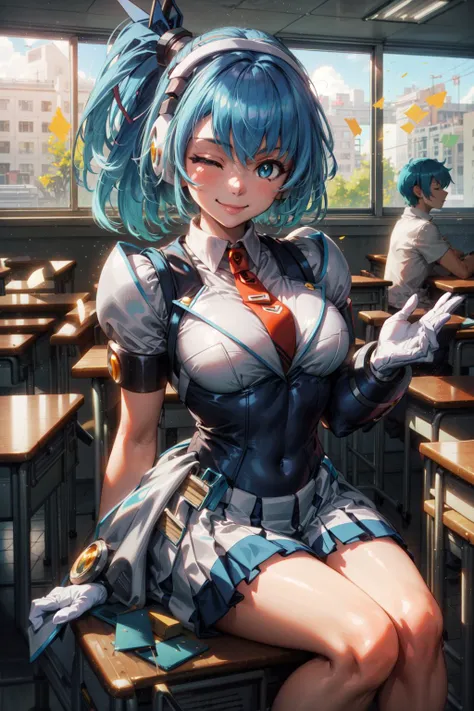 masterpiece,best quality,1girl,rico_megamanxdive,blue eyes,blue hair,((school uniform)),android,short hair,smile,one eye closed,gloves,classroom,<lora:RiCO_MegaMan_XDiVE_V:0.9>,