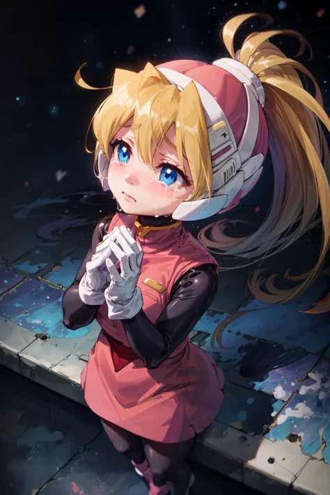 masterpiece,best quality,1girl,ciel_megamanz,long hair,blue eyes,blonde hair,ponytail,headgear,pantyhose,white gloves,looking up,sad,(tears),praying,night sky,from above,<lora:Ciel_MegaMan_Zero_V>,