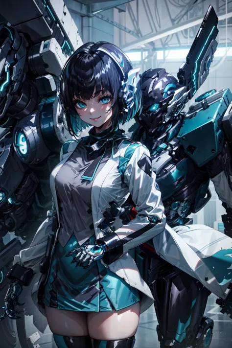 masterpiece,best quality,1girl,KamenIzu,(black hair),aqua eyes,(aqua hair:0.9),(headgear),((humagear headphones)),mechanical ears,multicolored hair,bow,eyelashes,jacket,long sleeves,robot ears,short hair,short skirt,smile,white jacket,standing,aqua theme,mecha musume,mechanical parts,robot joints,full armor,<lora:KamenIzu:0.7>,<lora:Style-A-Mecha_musume-REN:0.9>,
