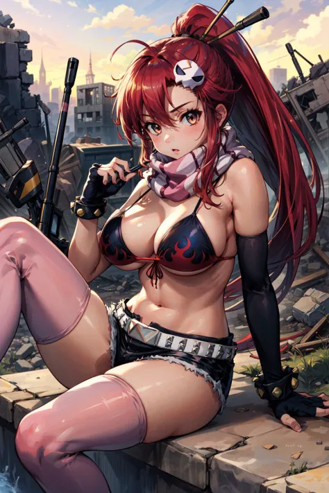 masterpiece,best quality,1girl,yl1,ponytail,scarf,bikini top only,large breasts,short shorts,midriff,belt,fingerless gloves,skull hair ornament,elbow gloves,pink thighhighs,wasteland,sitting on ruins,holding sniper rifle,<lora:yoko_littner_v1:0.7>,