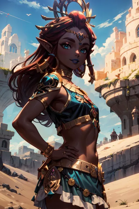 masterpiece,best quality,1girl,riju_zelda,blue lips,eyeshadow,circlet,crown,hair rings,(long hair),skirt,armor,hand on hip,smile,looking away,wind,desert plain,from side,<lora:riju_zelda:0.9>,