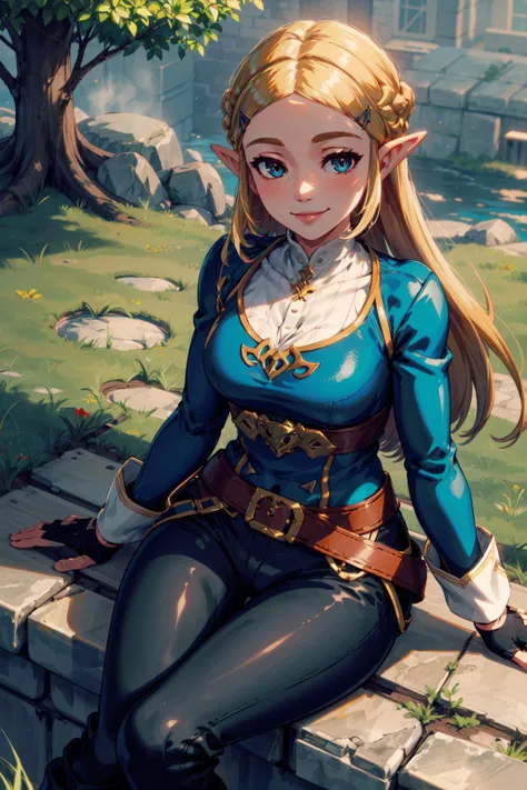 masterpiece,best quality,1girl,BotwZelda,medium breasts,outfit_normal,blue shirt,gold belt under breasts,gold trim,white undershirt,black gloves,fingerless gloves,pants,black pants,long sleeves,smile,sitting on grass,<lora:Zelda:0.4>,