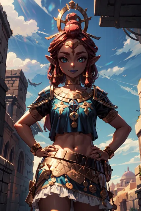 masterpiece,best quality,1girl,riju_zelda,blue lips,eyeshadow,circlet,crown,hair rings,(long hair),skirt,armor,hands on hips,smile,looking away,wind,desert plain,cowboy shot,<lora:riju_zelda:0.9>,