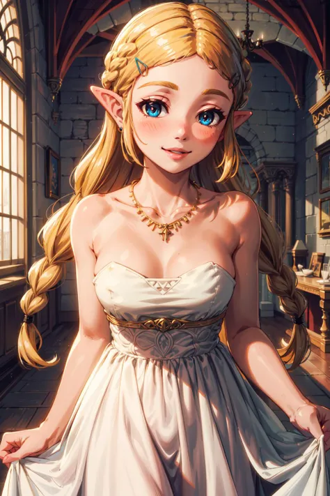 masterpiece,best quality,1girl,BotwZelda,blonde hair,braids,long hair,hair ornament,blue eyes,blush,blush lines,medium breasts,outfit_dress,necklace,jewelry,white dress,strapless,strapless dress,bare shoulders,dress,smile,castle interior,<lora:Zelda:0.4>,